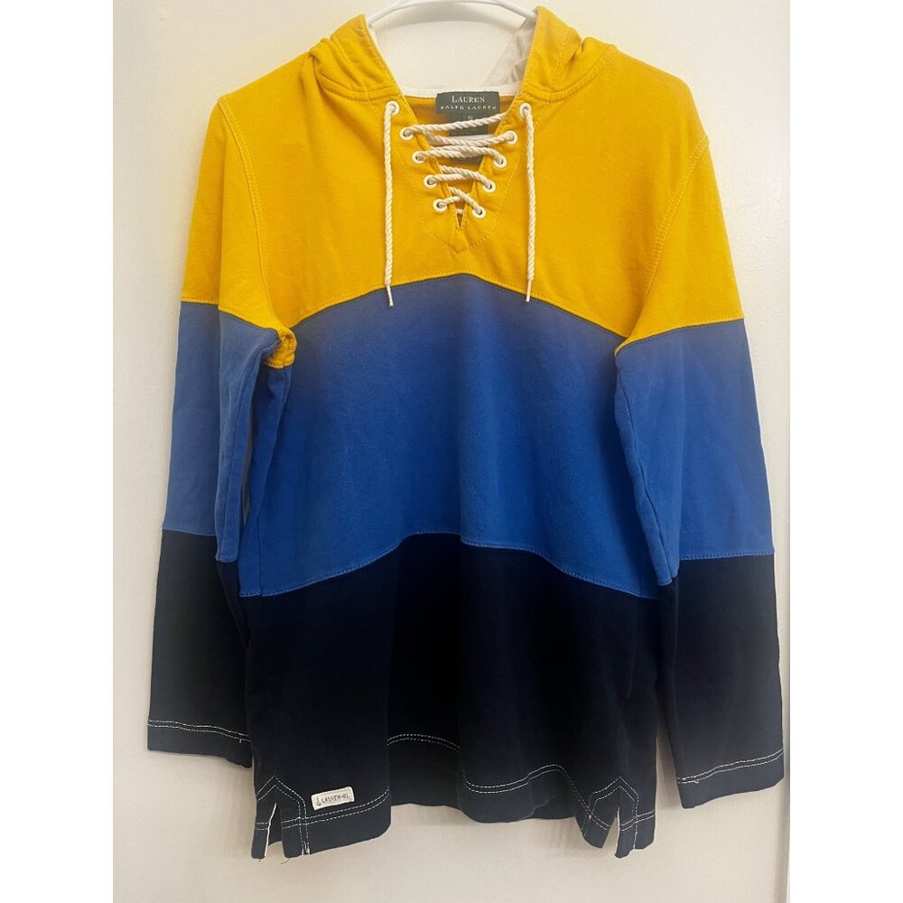 Mens Ralph Lauren Color Block Sweater w/hood and Lace up Tie-Sz S